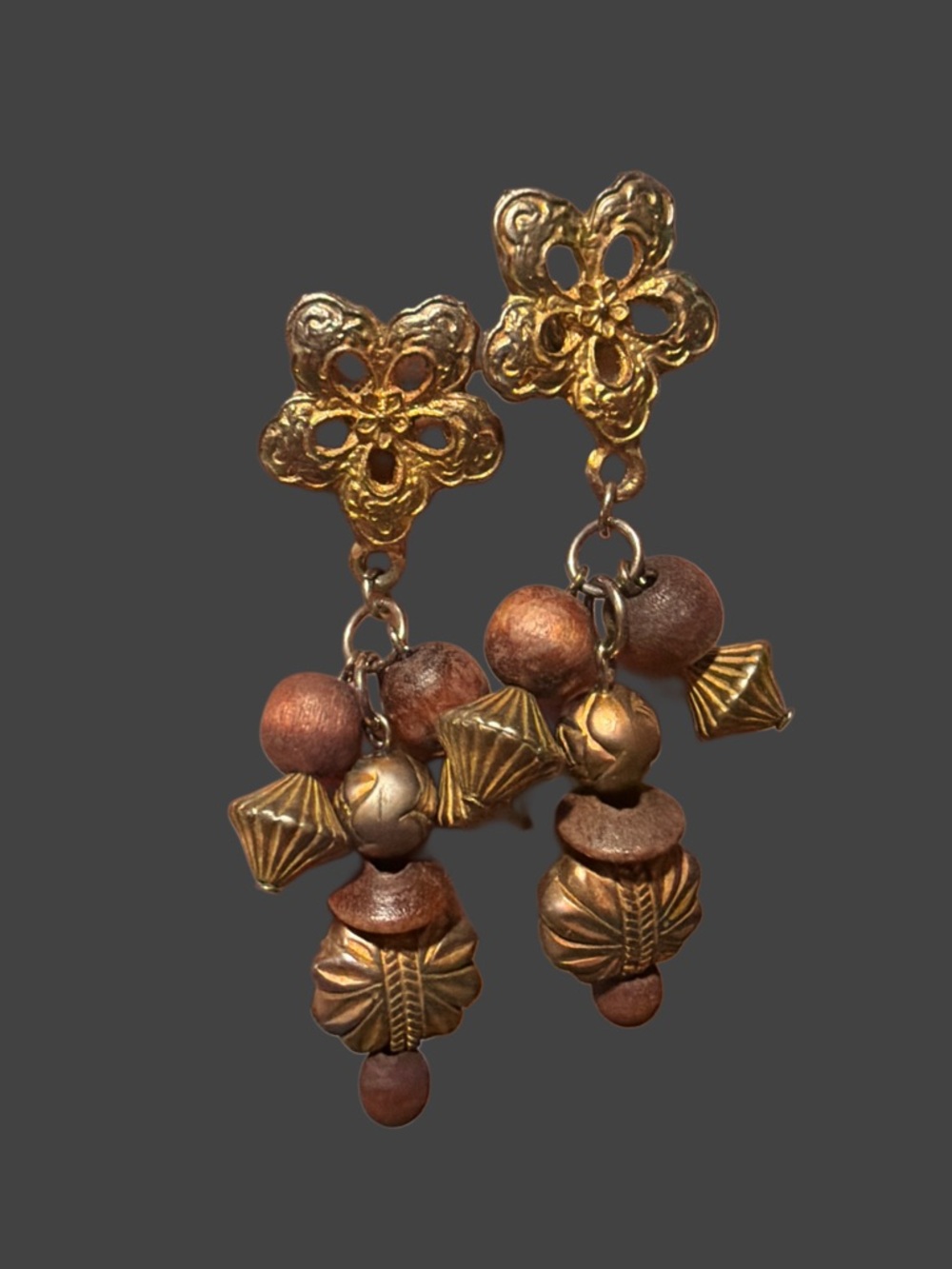 Gold Floral Drop Earrings with Bronze Beads - Women Jewelry